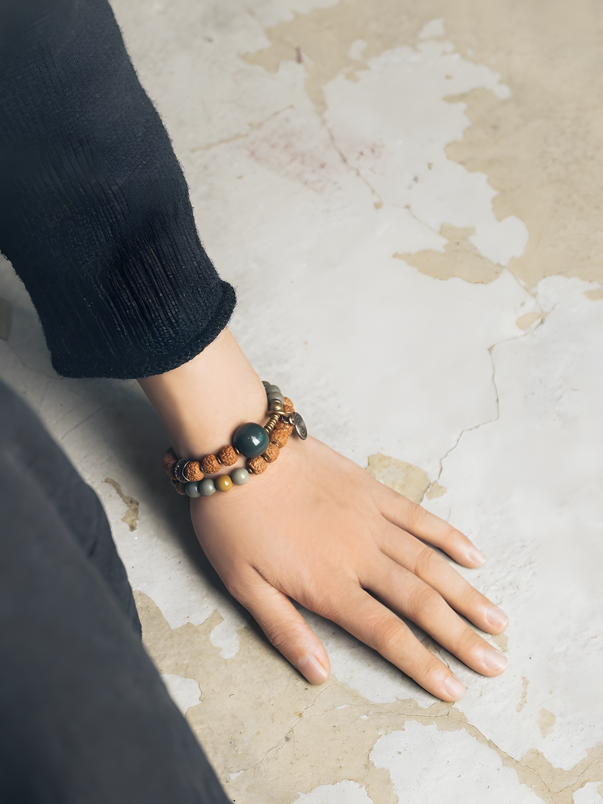 Circle of Inner Strength – Double-Wrap Bracelet with Rudraksha, Desert Jade & Jasper