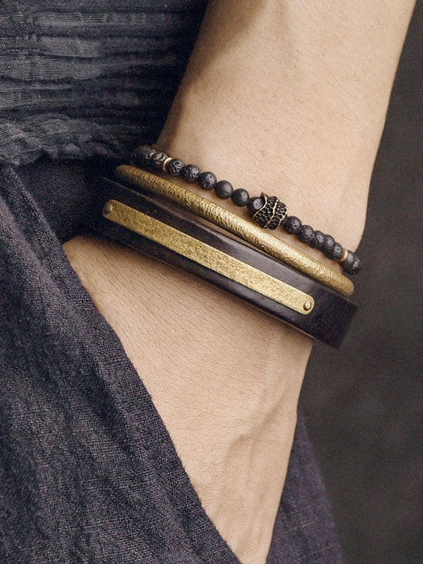 Unisex Handmade Lava Stone Bracelet with Brass & Ebony Wood