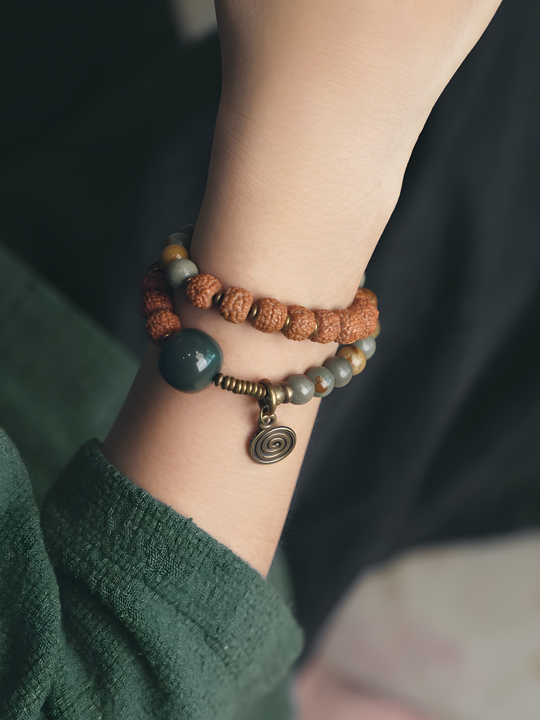 Circle of Inner Strength – Double-Wrap Bracelet with Rudraksha, Desert Jade & Jasper