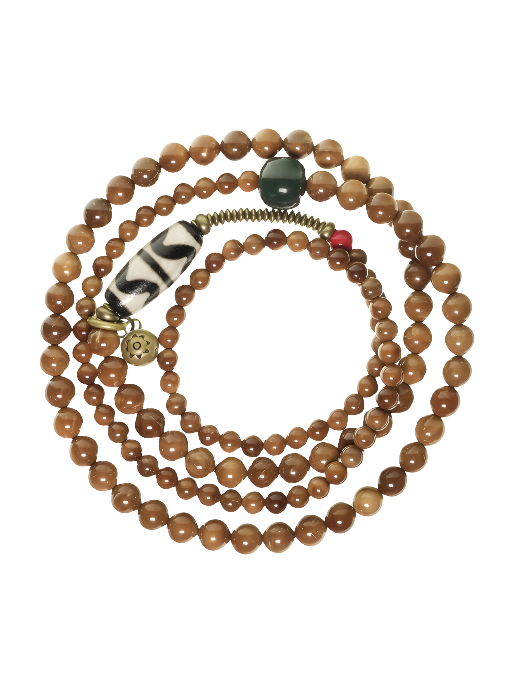 Path of Guardianship – Kuku Wood & Alxa Agate Necklace with Vintage Brass and Tiger Tooth Accents