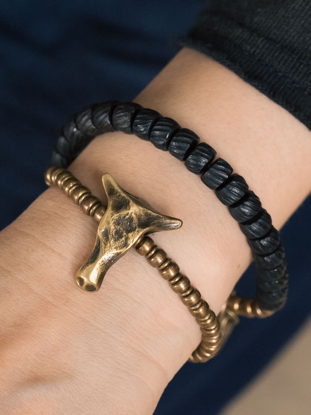 Guardian of the Sacred Ox · Handcrafted Brass & Coconut Bead Bracelet