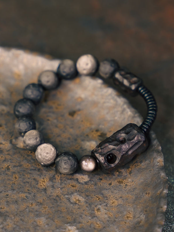 "Lunar Eclipse · Stardust" Bracelet | Natural Silver Obsidian with Lunar Texture & Ebony Wood Carving
