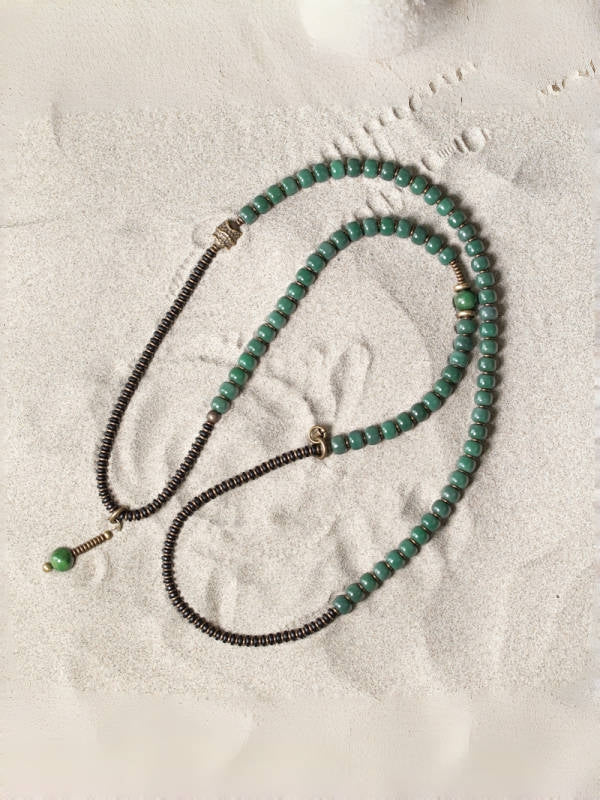 Five-Wrap Bracelet with Bodhi Root, Brass & African Grass Jade – Unisex Stretch Design