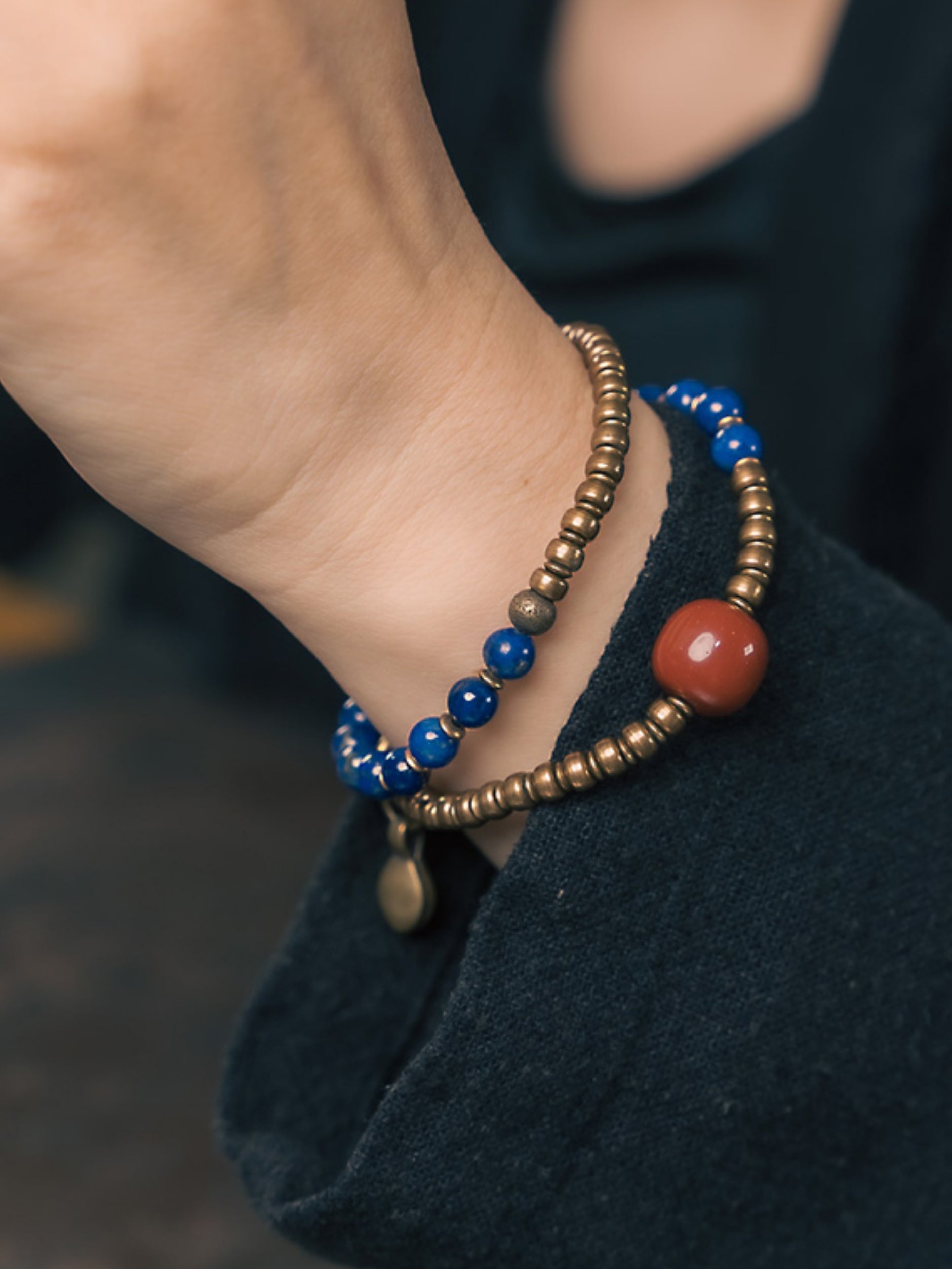 Celestial Harmony Bracelet – Natural Lapis Lazuli, Red Agate & Vintage Brass Beads