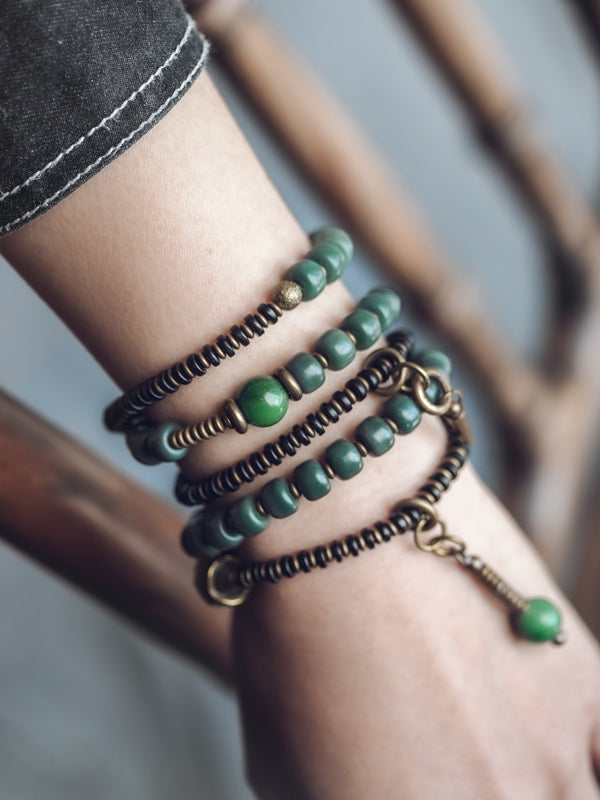 Five-Wrap Bracelet with Bodhi Root, Brass & African Grass Jade – Unisex Stretch Design