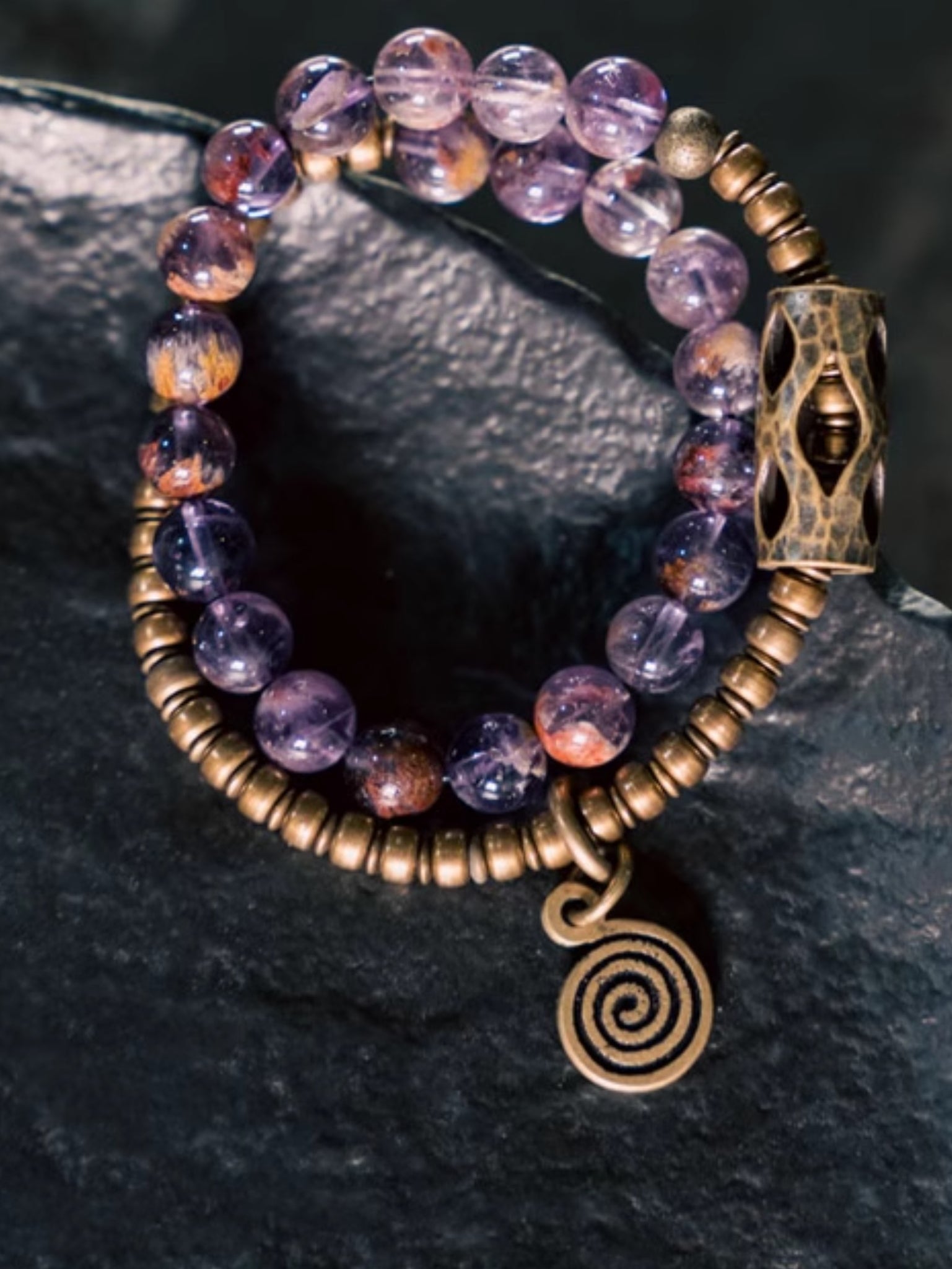 “Circle of Serenity” Purple Phantom Quartz Bracelet · Vintage Brass Double Layer