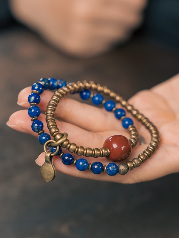 Celestial Harmony Bracelet – Natural Lapis Lazuli, Red Agate & Vintage Brass Beads