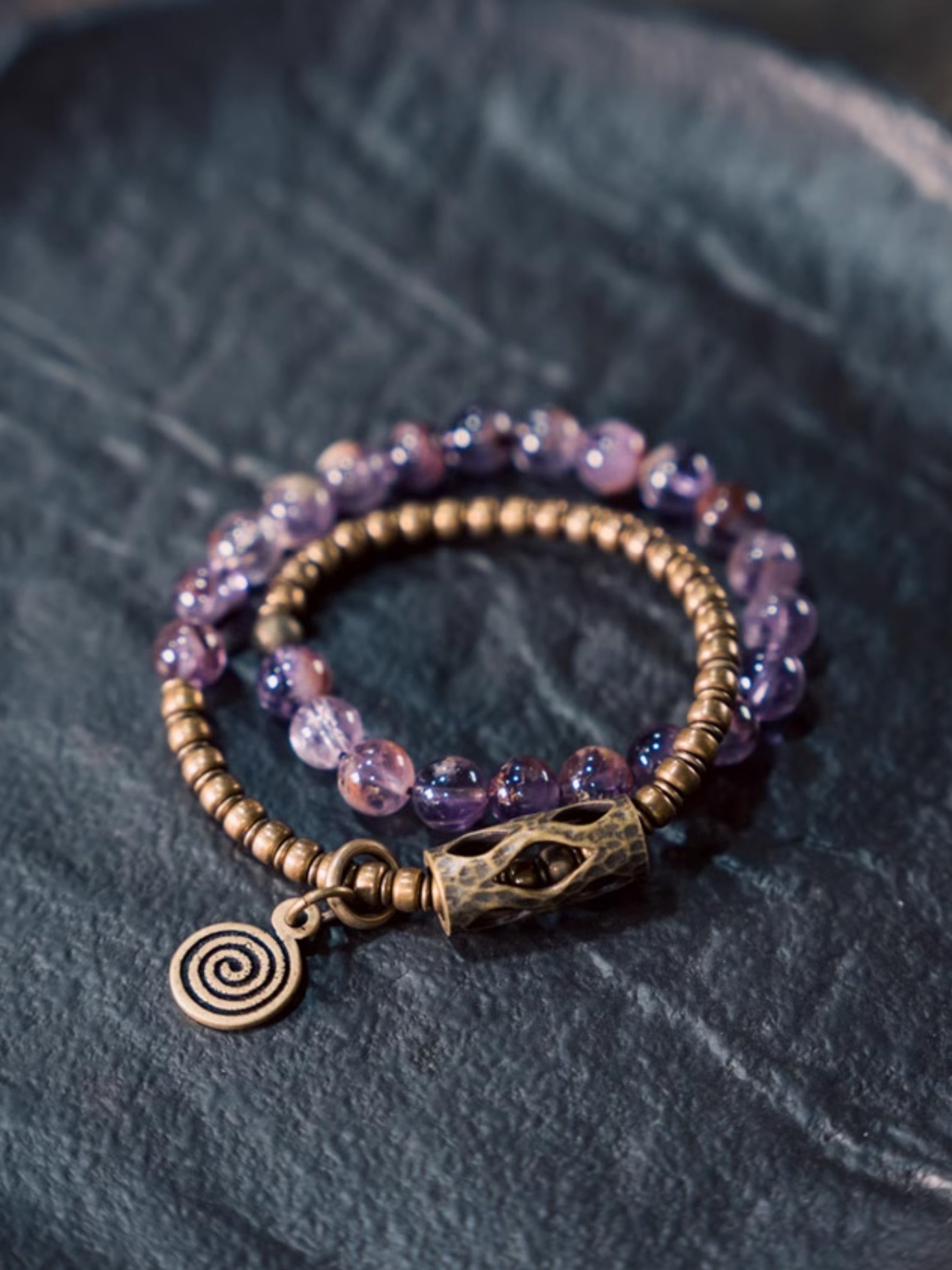 “Circle of Serenity” Purple Phantom Quartz Bracelet · Vintage Brass Double Layer