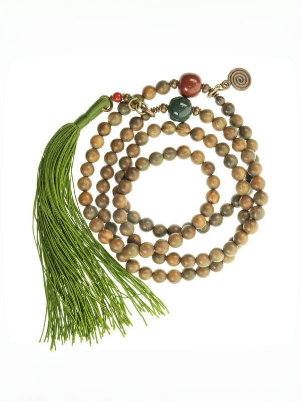 Serenity Mala Necklace – 108 Green Sandalwood Beads with Agate, Brass & Jade Tassel