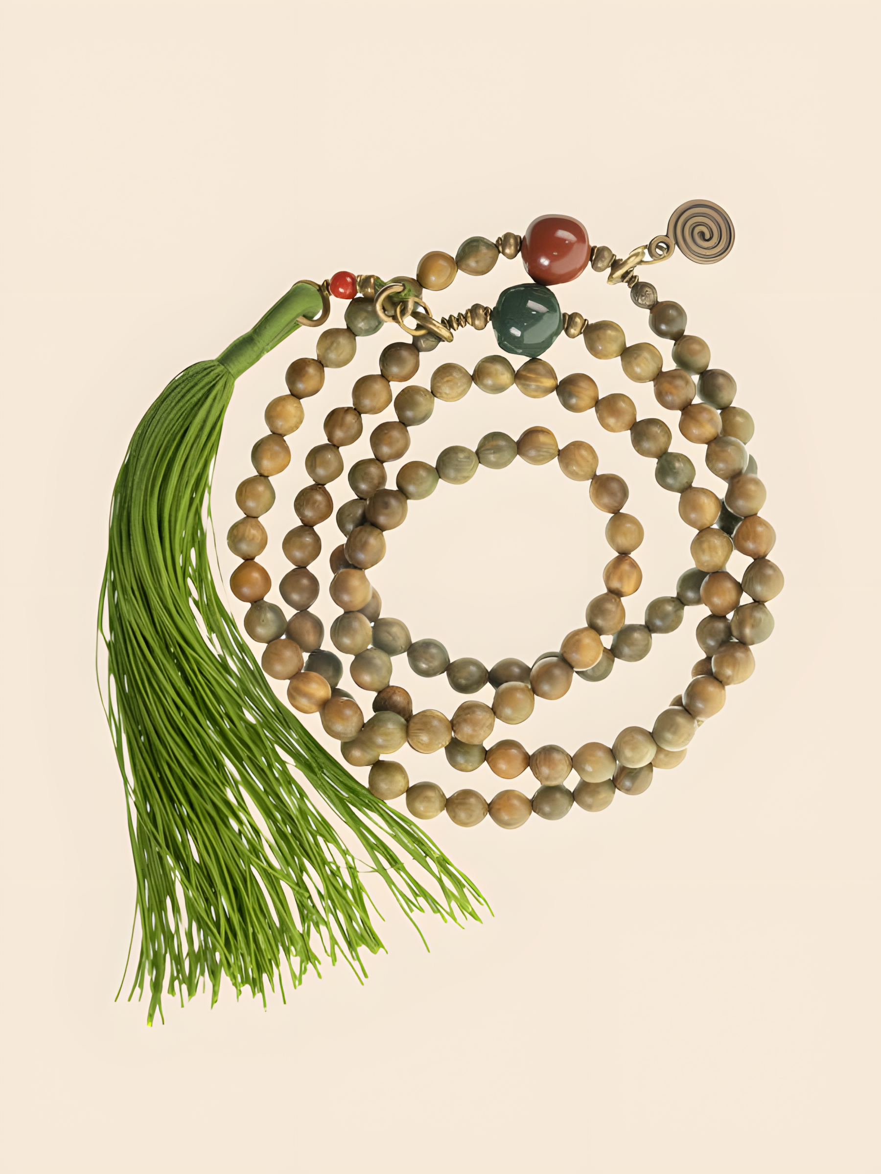 Serenity Mala Necklace – 108 Green Sandalwood Beads with Agate, Brass & Jade Tassel