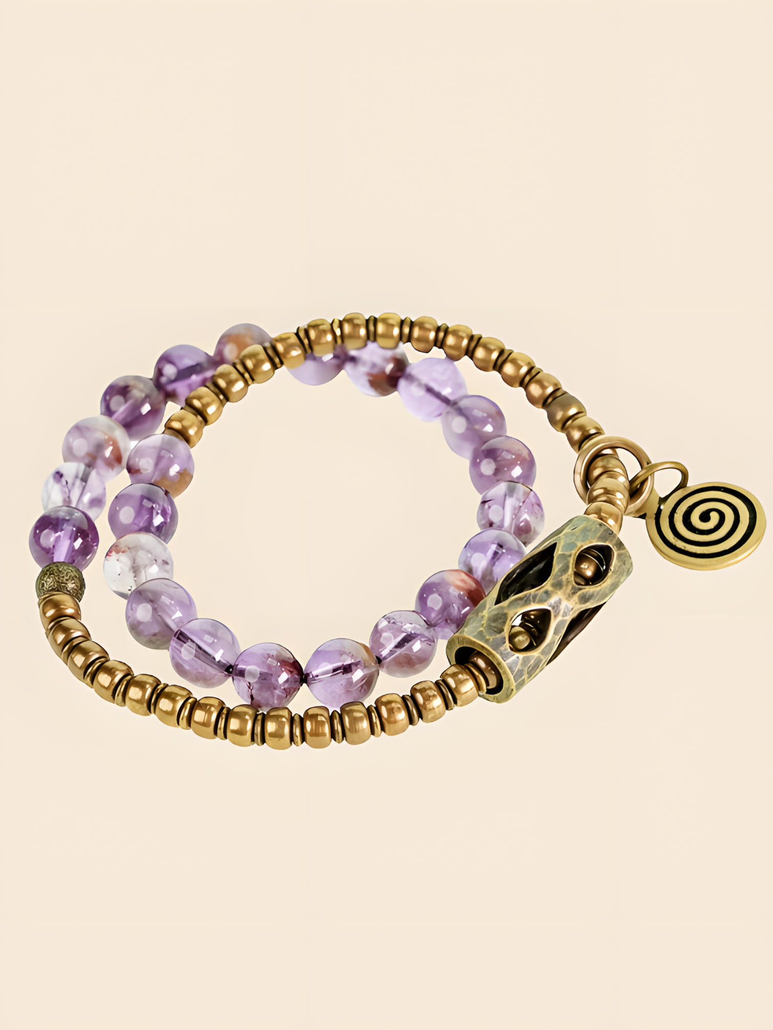 “Circle of Serenity” Purple Phantom Quartz Bracelet · Vintage Brass Double Layer