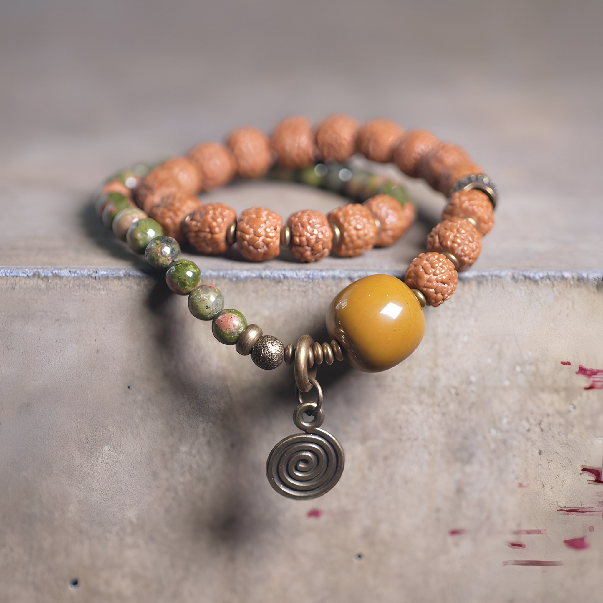 Circle of Inner Strength – Double-Wrap Bracelet with Rudraksha, Desert Jade & Jasper
