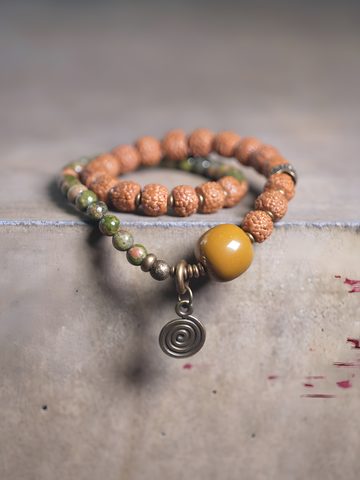 Circle of Inner Strength – Double-Wrap Bracelet with Rudraksha, Desert Jade & Jasper
