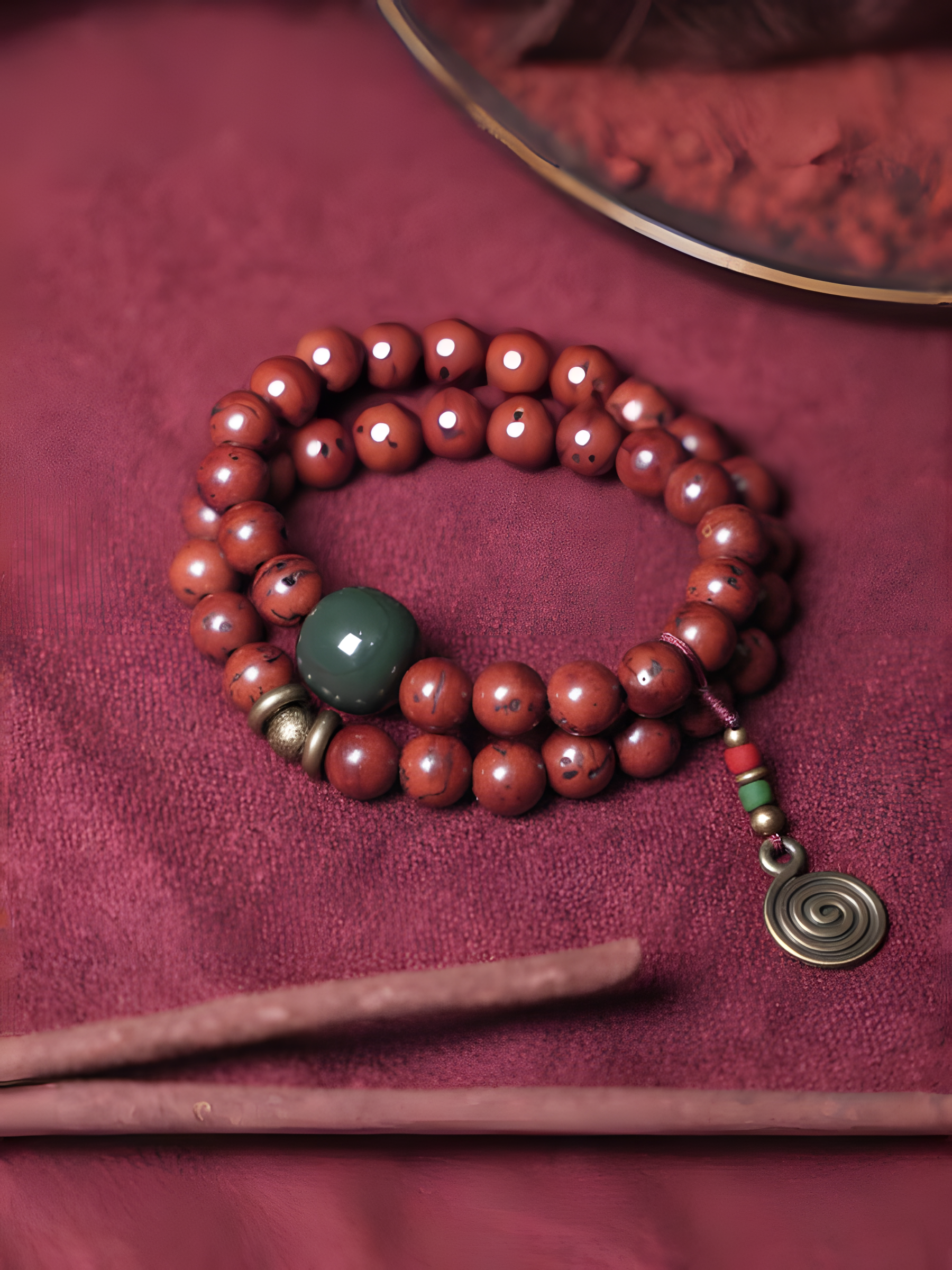 Double-Wrap Bracelet with Phoenix Eye Bodhi, Vintage Brass & Desert Jade – Unisex