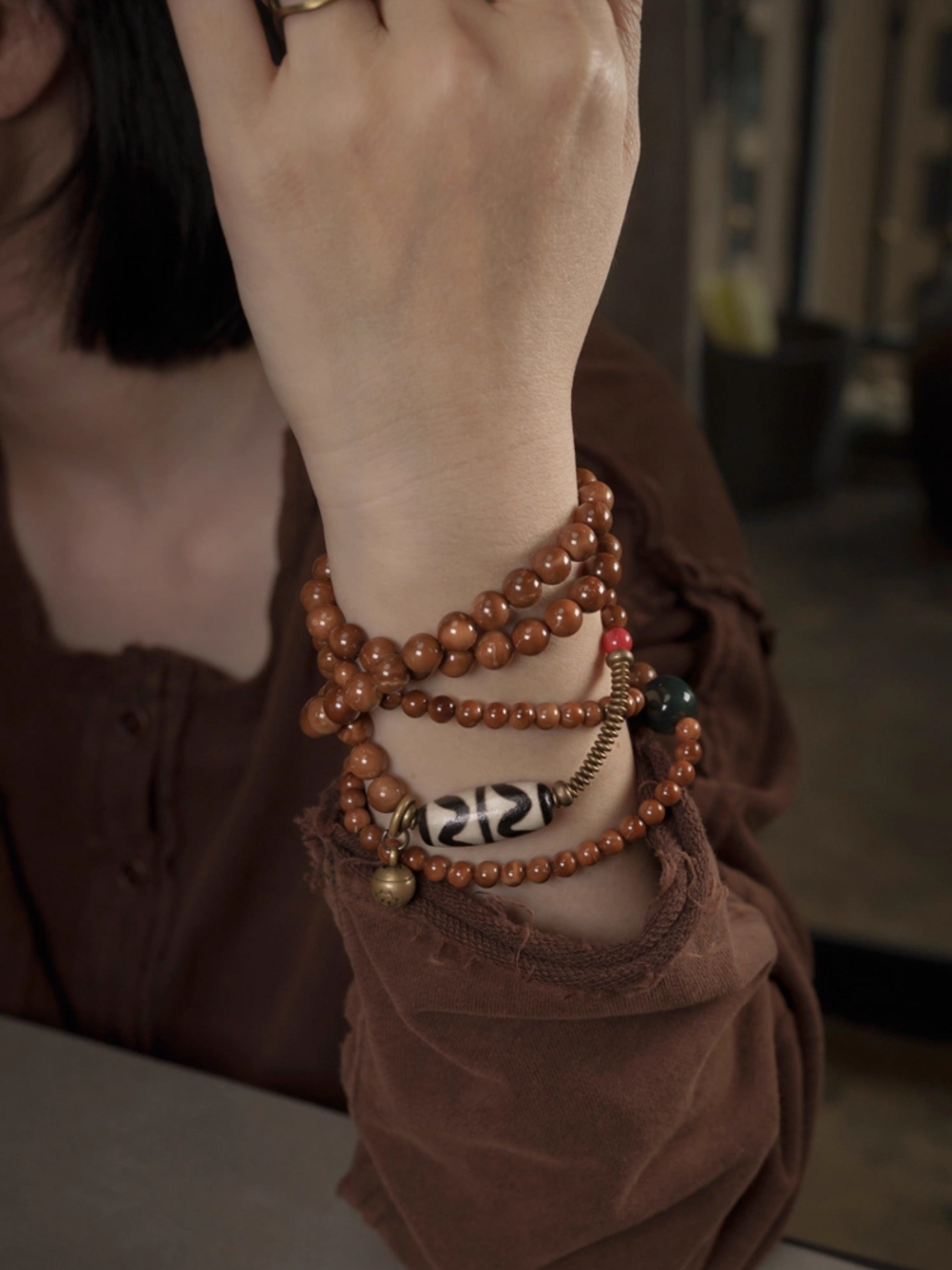 Path of Guardianship – Kuku Wood & Alxa Agate Necklace with Vintage Brass and Tiger Tooth Accents