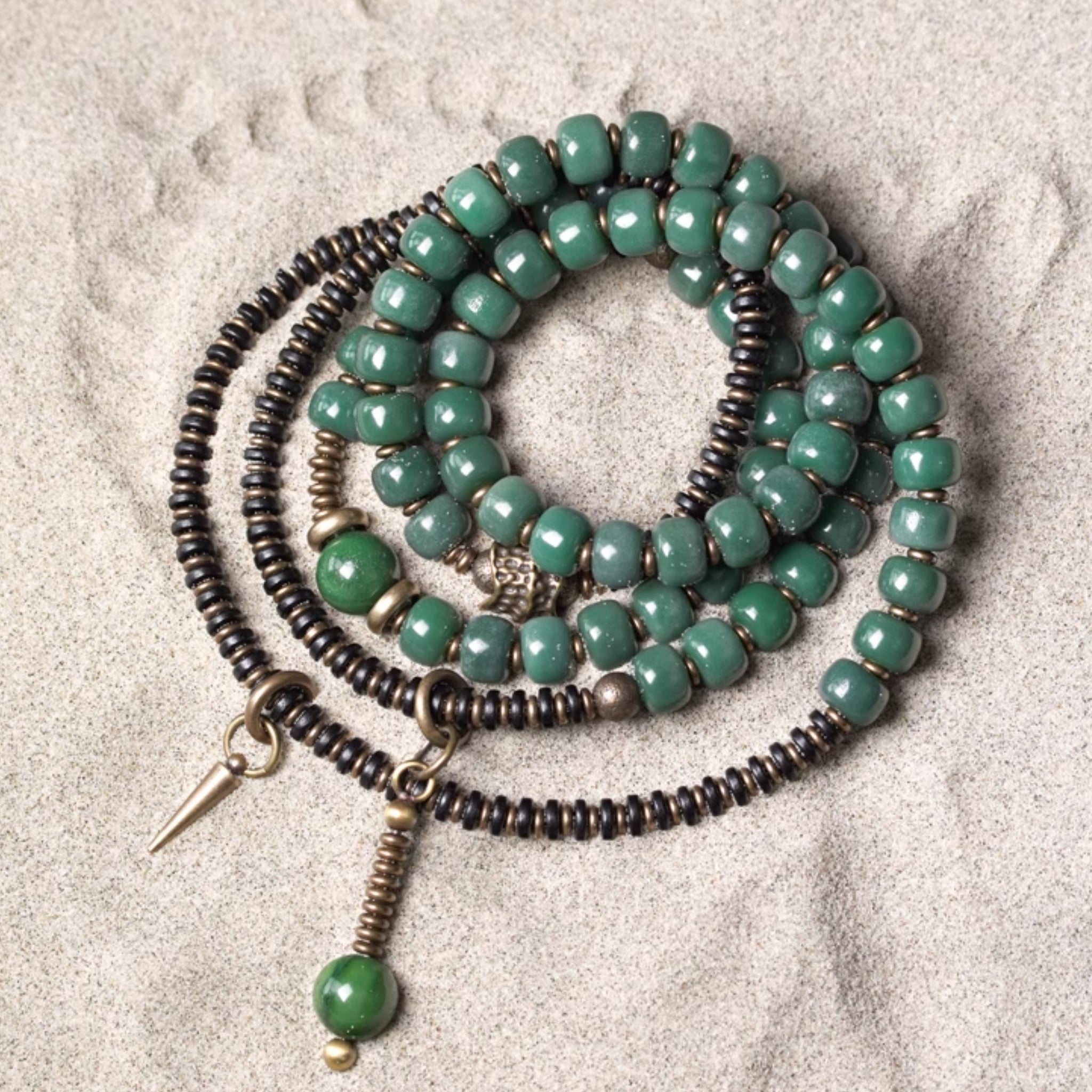 Five-Wrap Bracelet with Bodhi Root, Brass & African Grass Jade – Unisex Stretch Design