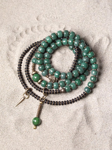 Five-Wrap Bracelet with Bodhi Root, Brass & African Grass Jade – Unisex Stretch Design