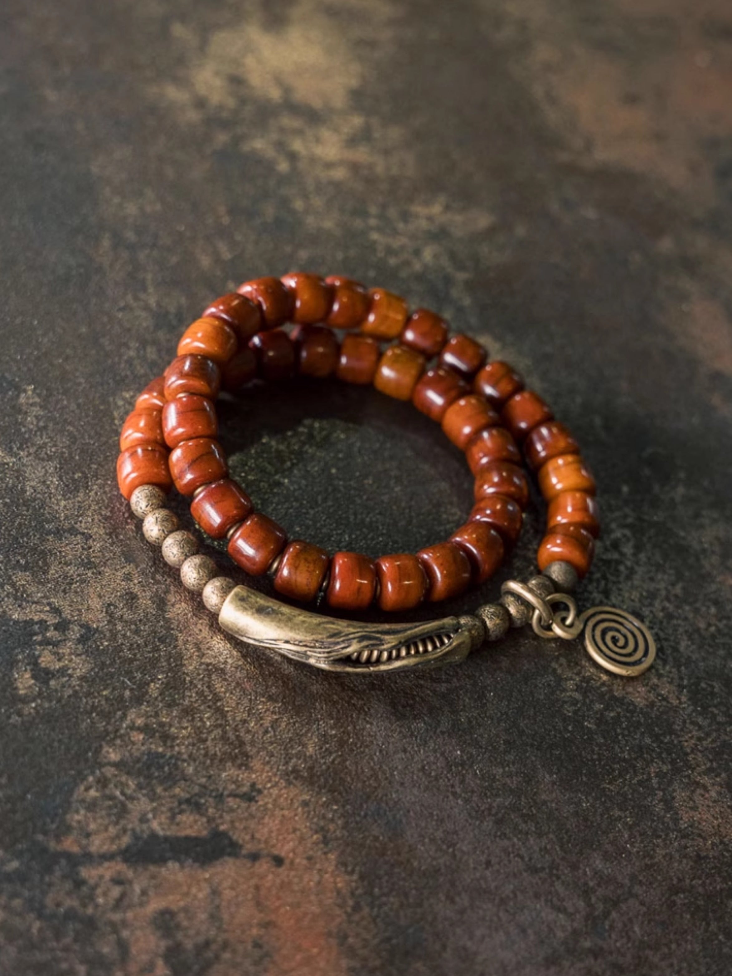 Flame Guardian Bracelet – Red Bone Beads with Vintage Brass Charm | Courage & Protection