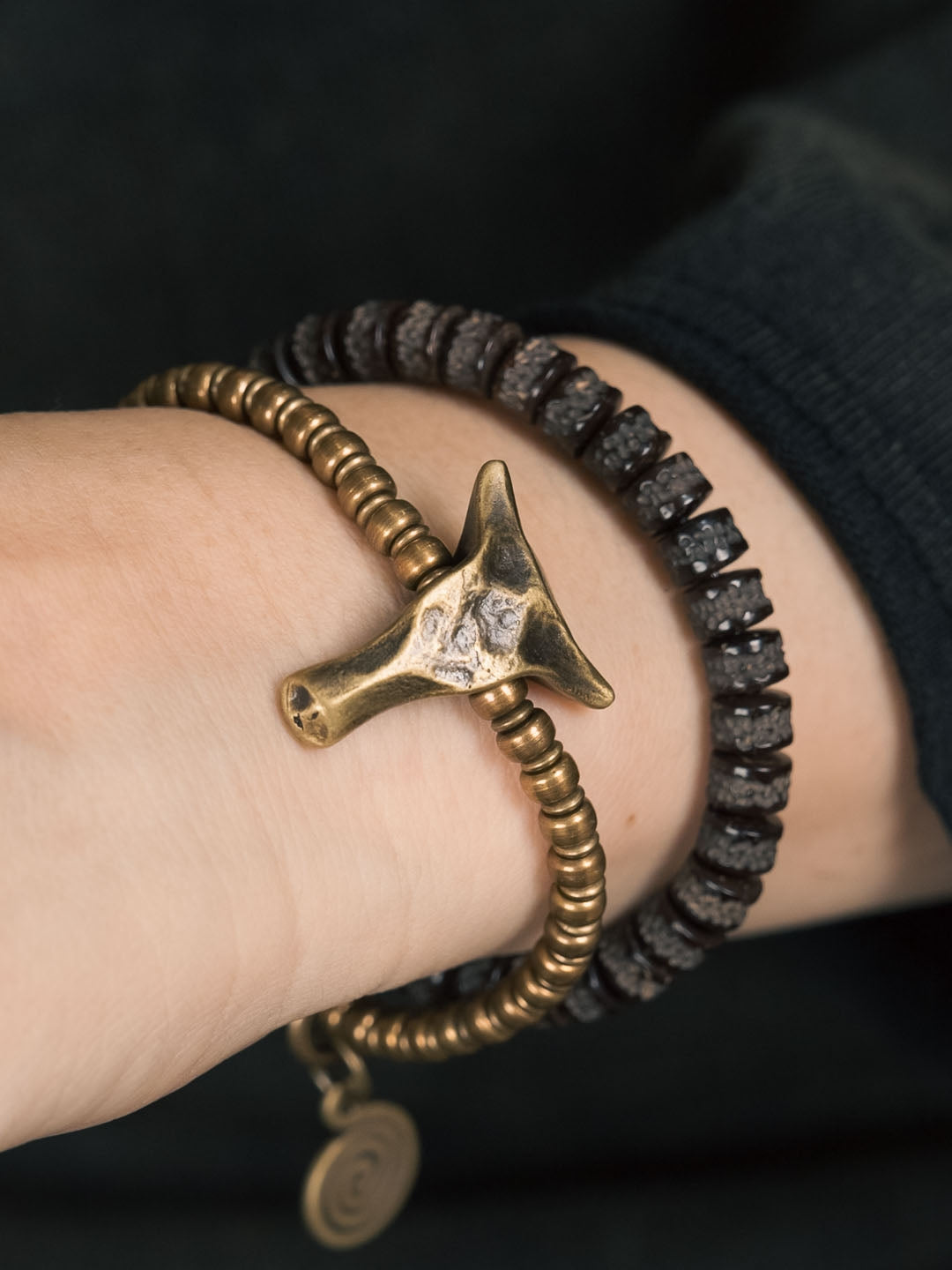 Guardian of the Sacred Ox · Handcrafted Brass & Coconut Bead Bracelet