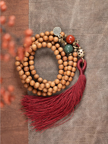 Heartwood Serenity – 8mm Sandalwood & Agate Tassel Mala Necklace/Bracelet (Multi-Layer)