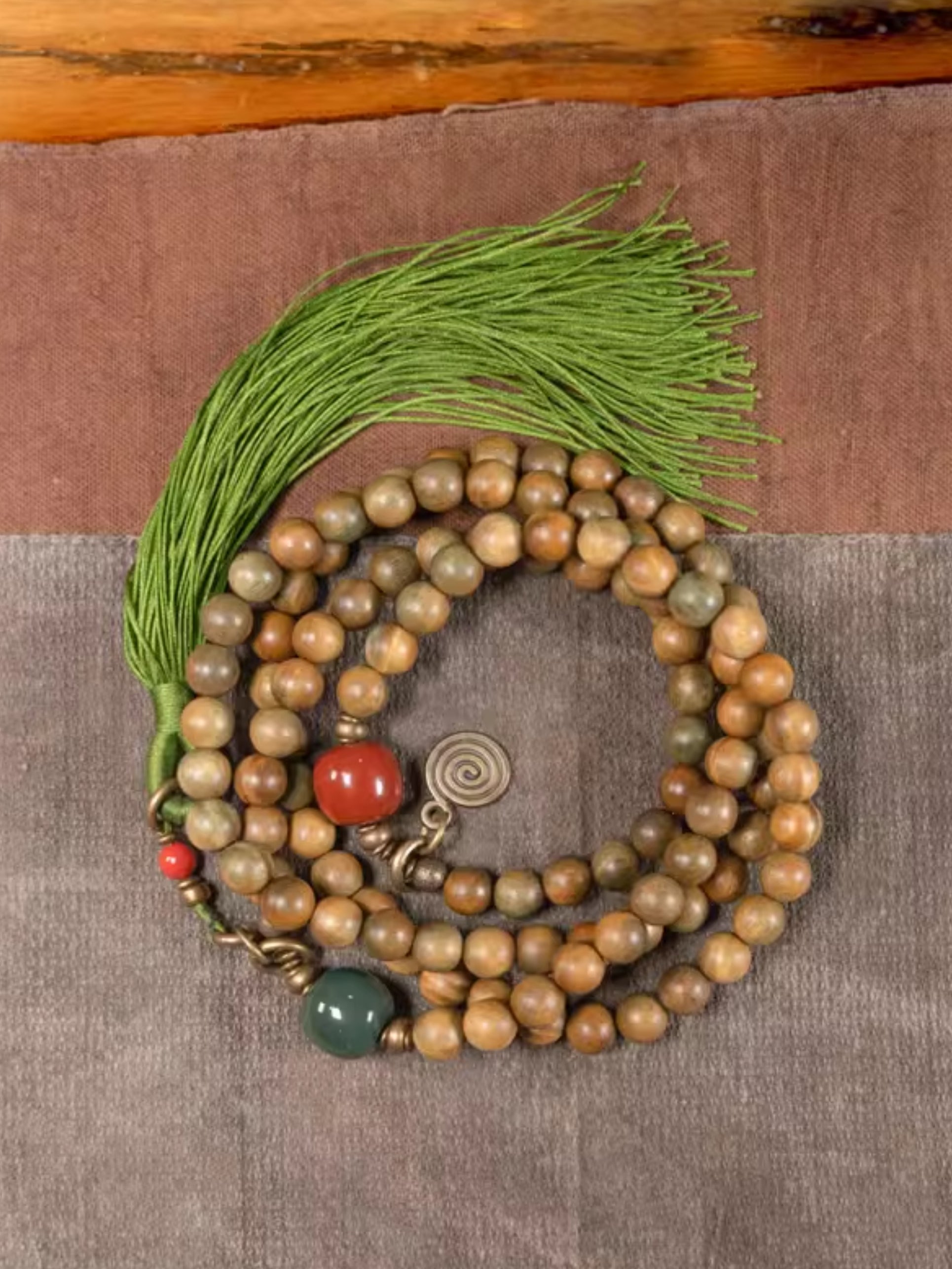 Serenity Mala Necklace – 108 Green Sandalwood Beads with Agate, Brass & Jade Tassel