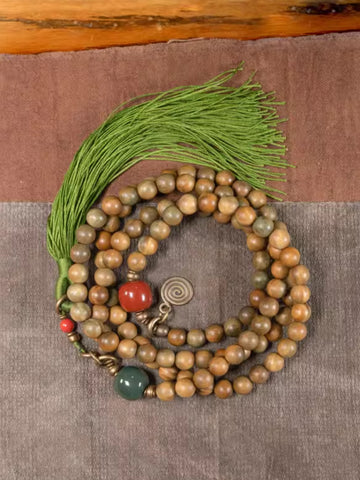 Serenity Mala Necklace – 108 Green Sandalwood Beads with Agate, Brass & Jade Tassel