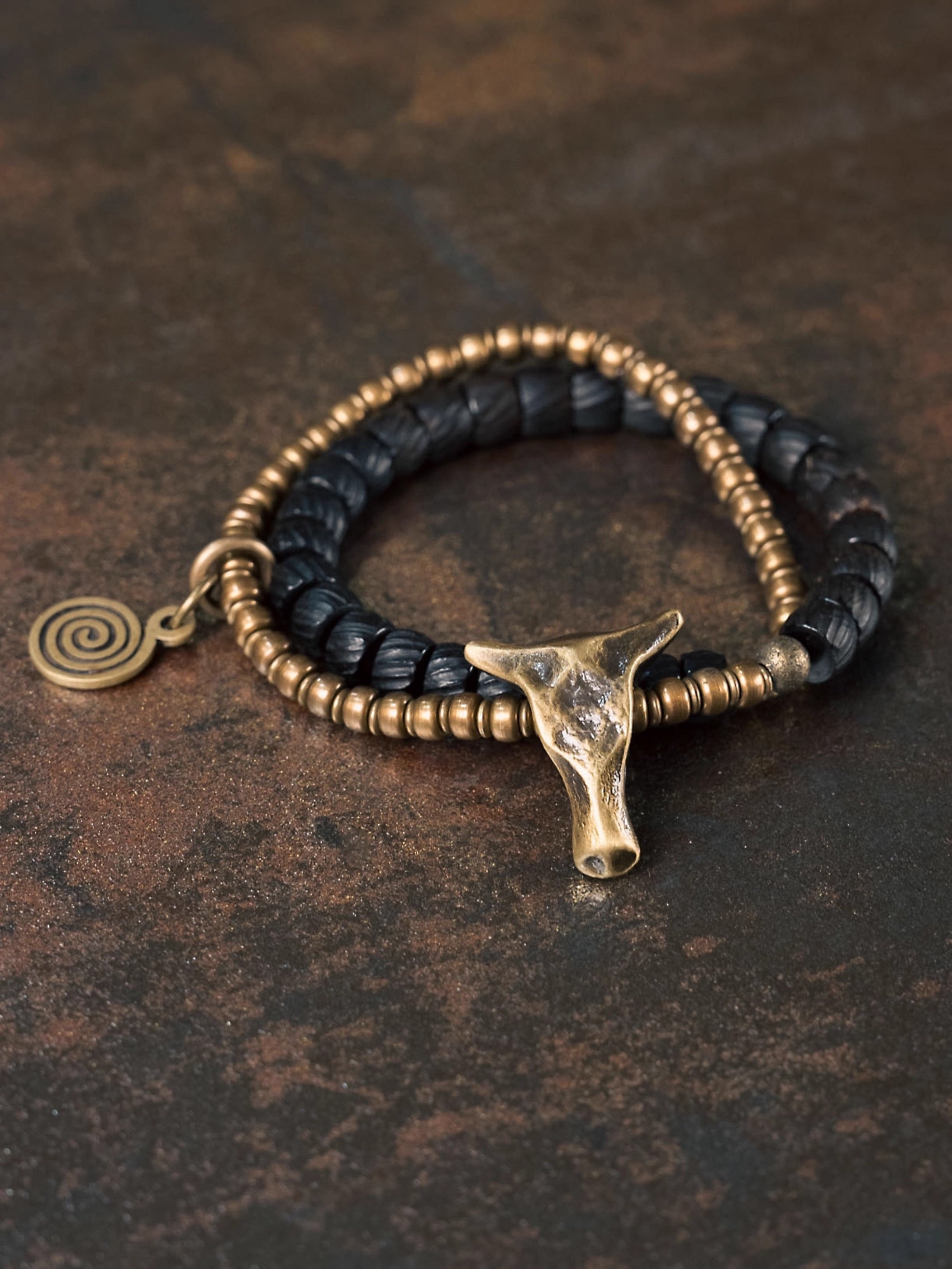 Guardian of the Sacred Ox · Handcrafted Brass & Coconut Bead Bracelet