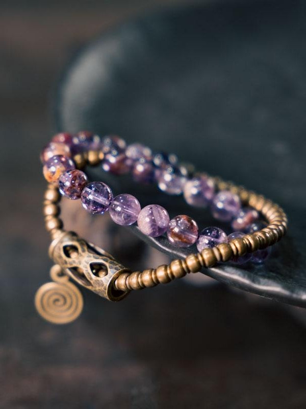 “Circle of Serenity” Purple Phantom Quartz Bracelet · Vintage Brass Double Layer