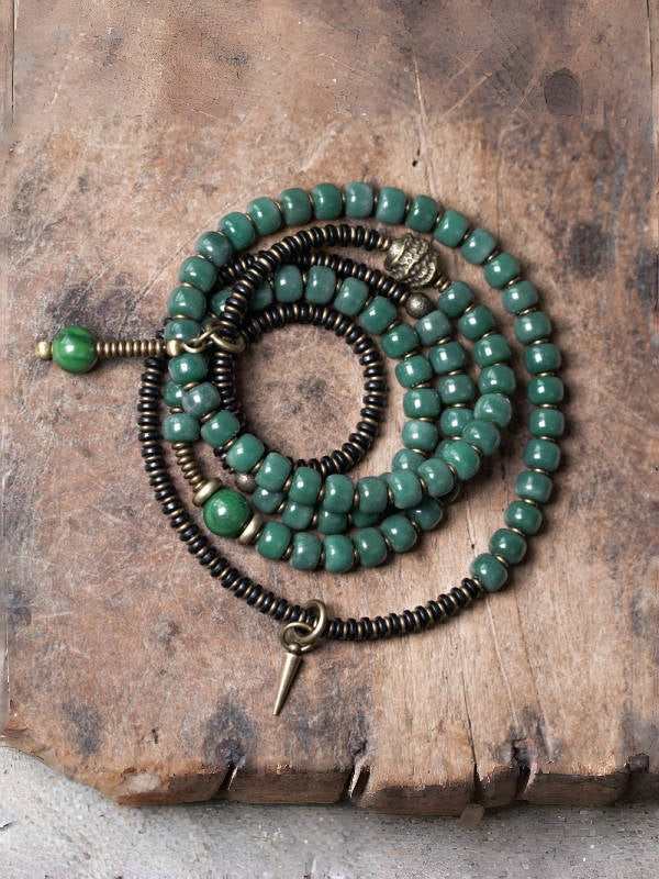 Five-Wrap Bracelet with Bodhi Root, Brass & African Grass Jade – Unisex Stretch Design