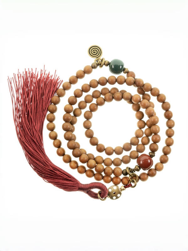 Heartwood Serenity – 8mm Sandalwood & Agate Tassel Mala Necklace/Bracelet (Multi-Layer)