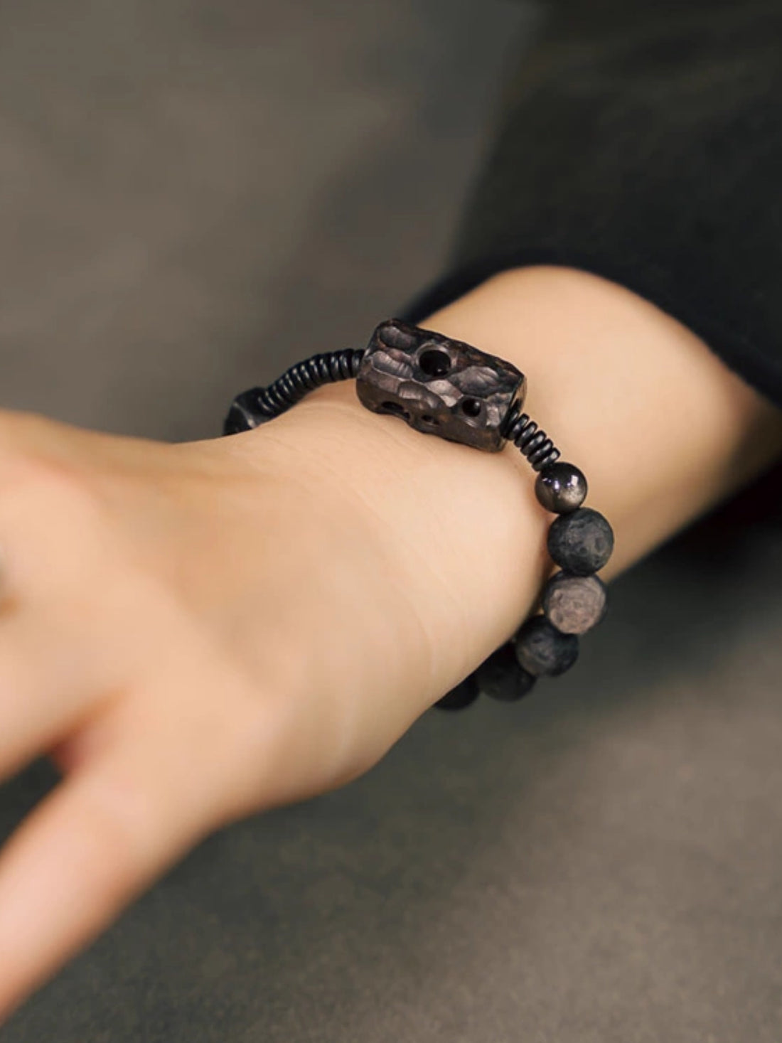 "Lunar Eclipse · Stardust" Bracelet | Natural Silver Obsidian with Lunar Texture & Ebony Wood Carving