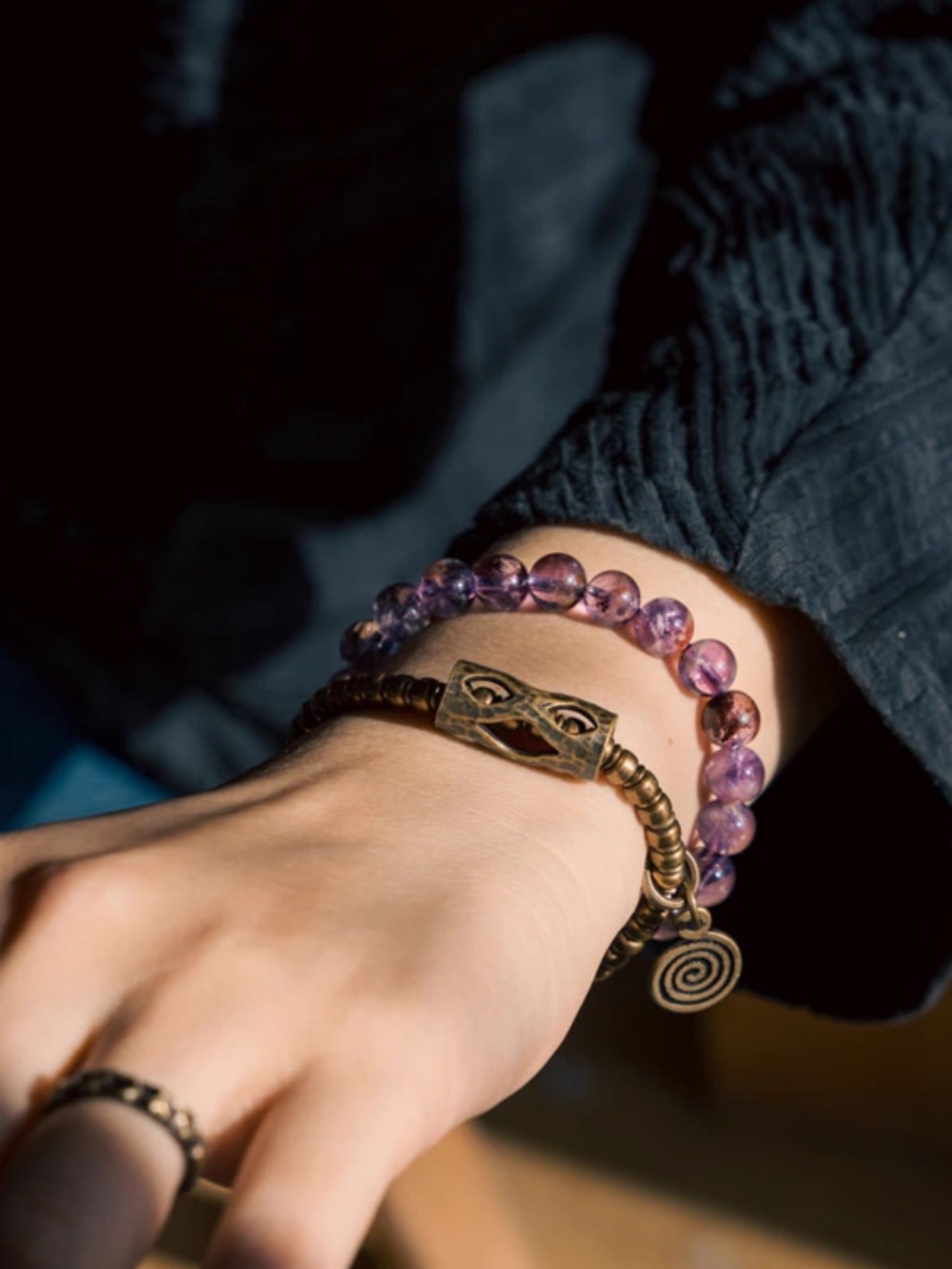 “Circle of Serenity” Purple Phantom Quartz Bracelet · Vintage Brass Double Layer