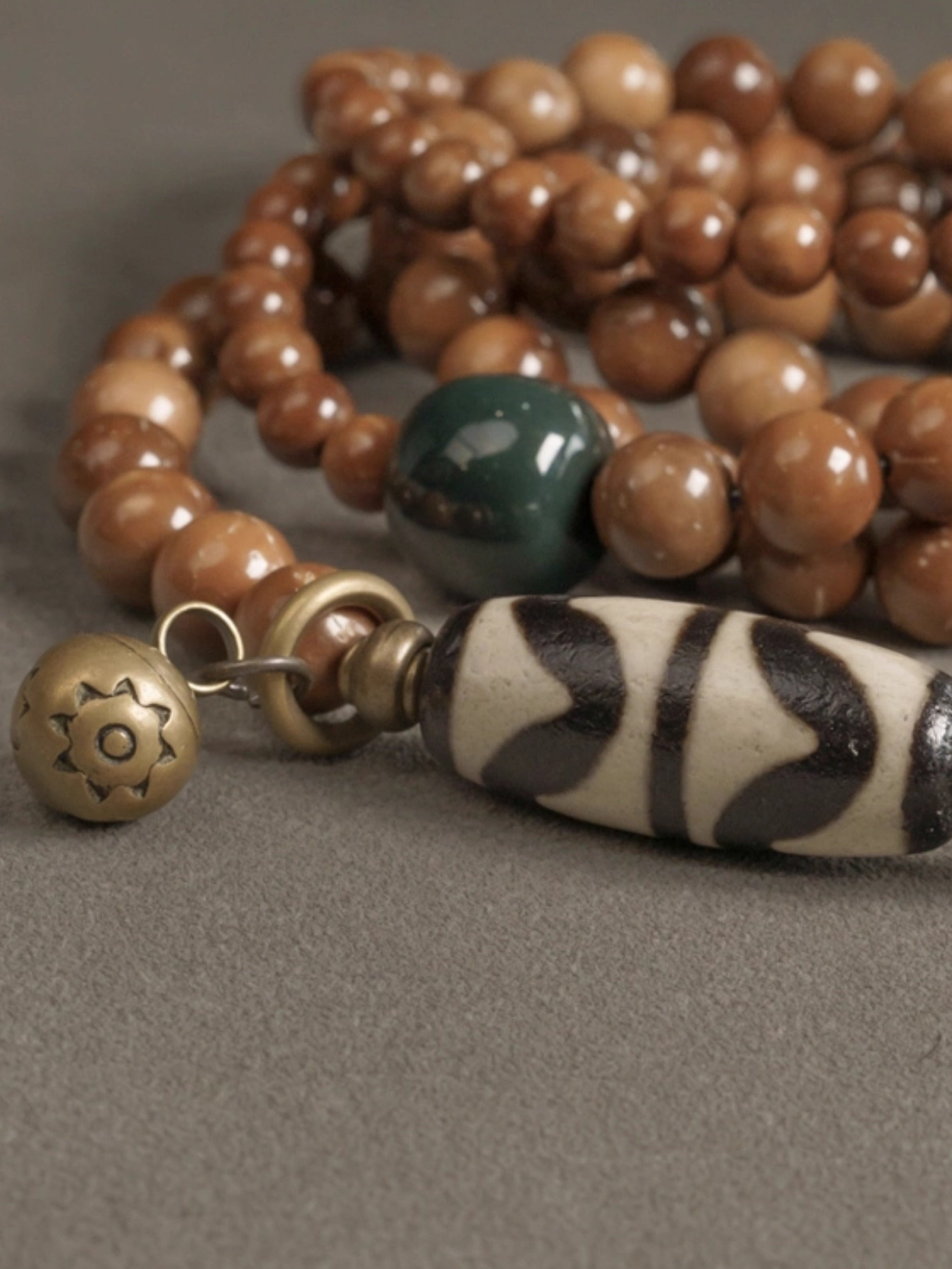 Path of Guardianship – Kuku Wood & Alxa Agate Necklace with Vintage Brass and Tiger Tooth Accents