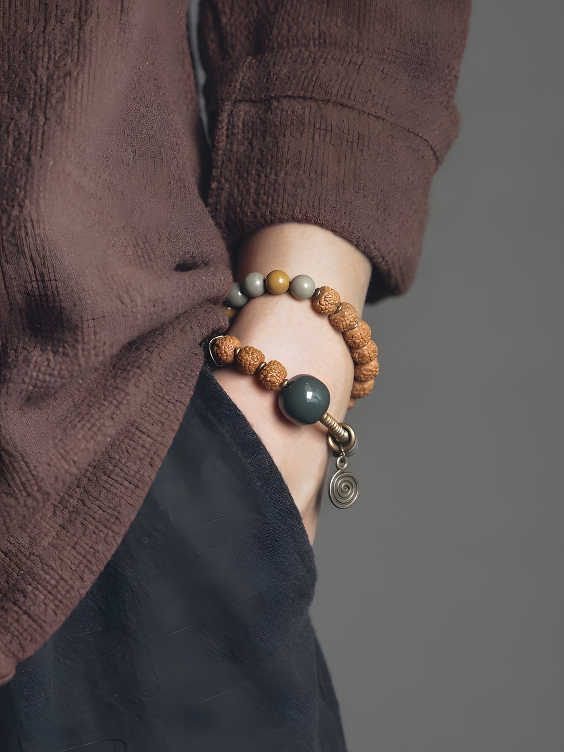Circle of Inner Strength – Double-Wrap Bracelet with Rudraksha, Desert Jade & Jasper