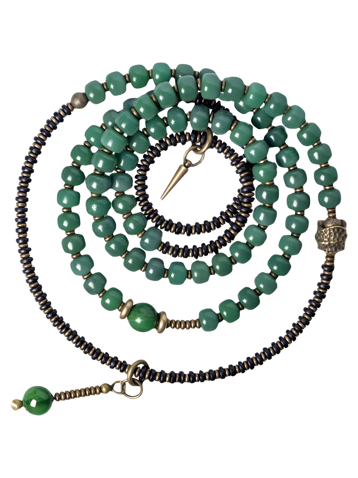 Five-Wrap Bracelet with Bodhi Root, Brass & African Grass Jade – Unisex Stretch Design