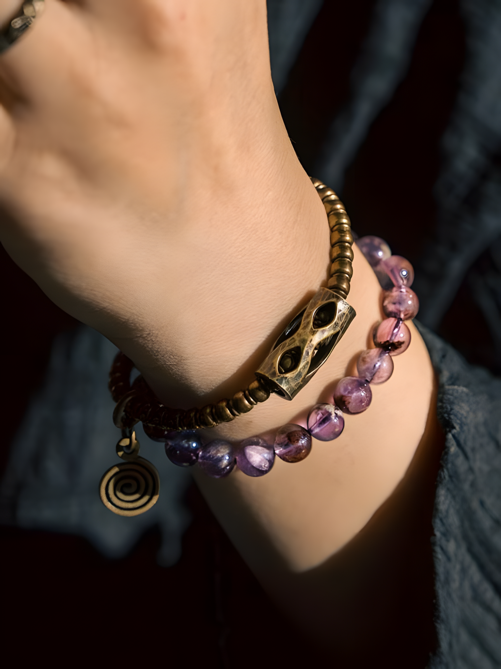 “Circle of Serenity” Purple Phantom Quartz Bracelet · Vintage Brass Double Layer