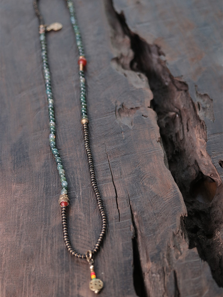 Necklace – Heart of the Forest Moss Agate & Brass Mala Beads
