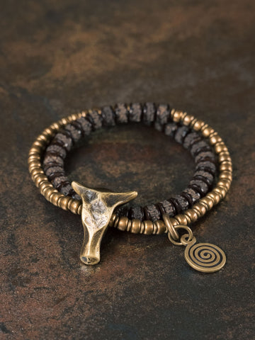 Guardian of the Sacred Ox · Handcrafted Brass & Coconut Bead Bracelet