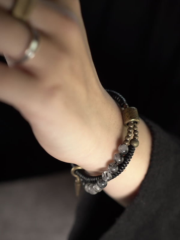 Obsidian Guardian Bracelet – Black Ebony, Tourmalinated Quartz & Brass Protection Talisman