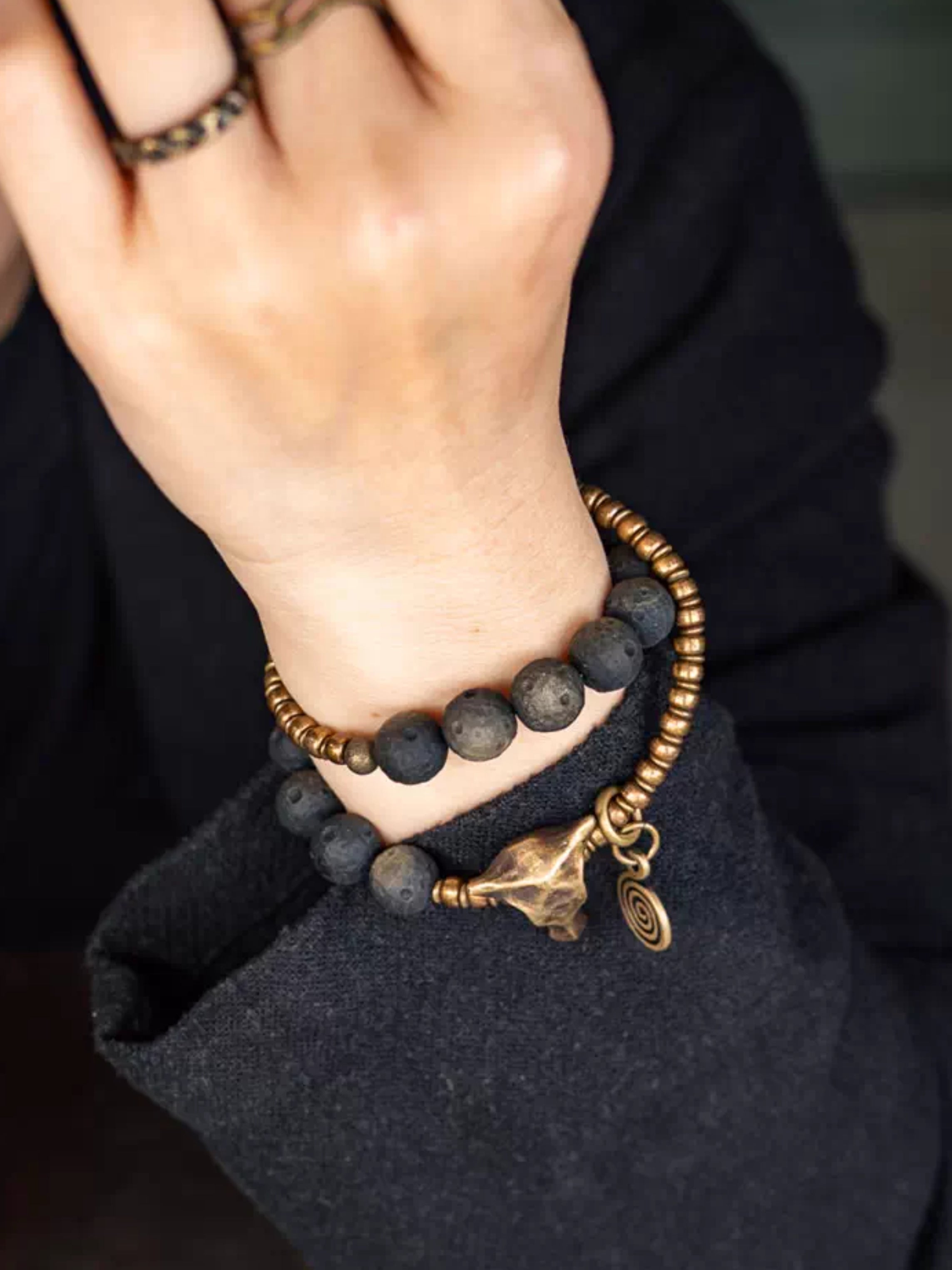 Totem of the Plains | Brass & Obsidian Double Layer Bracelet