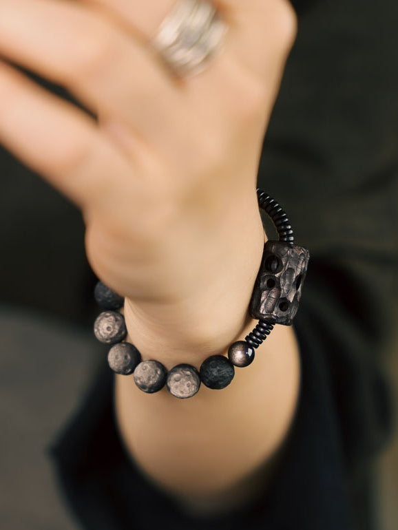 "Lunar Eclipse · Stardust" Bracelet | Natural Silver Obsidian with Lunar Texture & Ebony Wood Carving