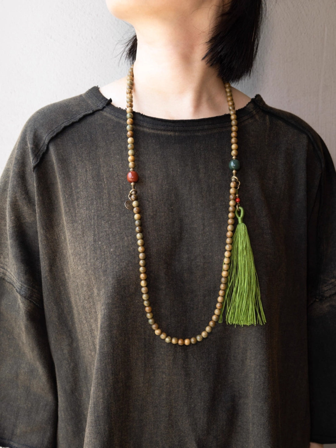 Serenity Mala Necklace – 108 Green Sandalwood Beads with Agate, Brass & Jade Tassel