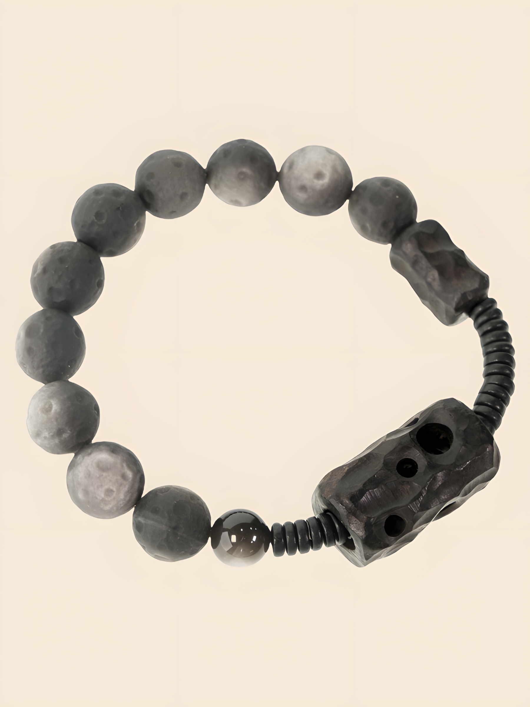 "Lunar Eclipse · Stardust" Bracelet | Natural Silver Obsidian with Lunar Texture & Ebony Wood Carving