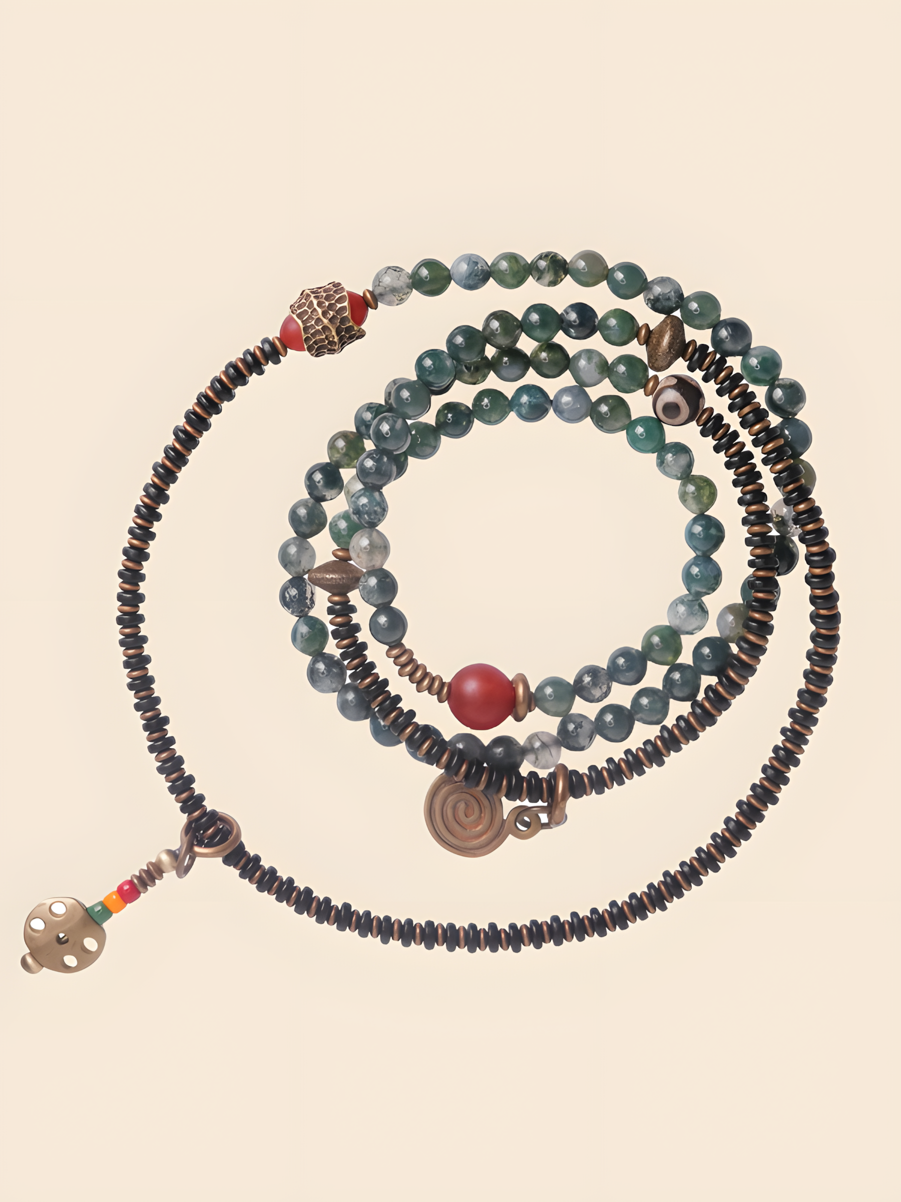 Necklace – Heart of the Forest Moss Agate & Brass Mala Beads