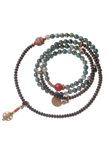 Necklace – Heart of the Forest Moss Agate & Brass Mala Beads