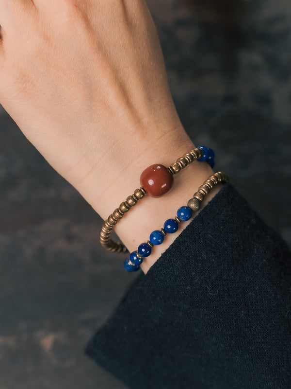 Celestial Harmony Bracelet – Natural Lapis Lazuli, Red Agate & Vintage Brass Beads