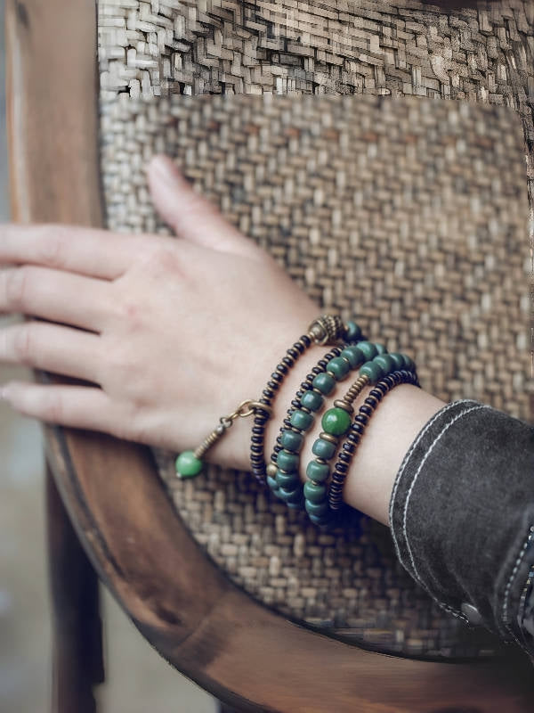 Five-Wrap Bracelet with Bodhi Root, Brass & African Grass Jade – Unisex Stretch Design
