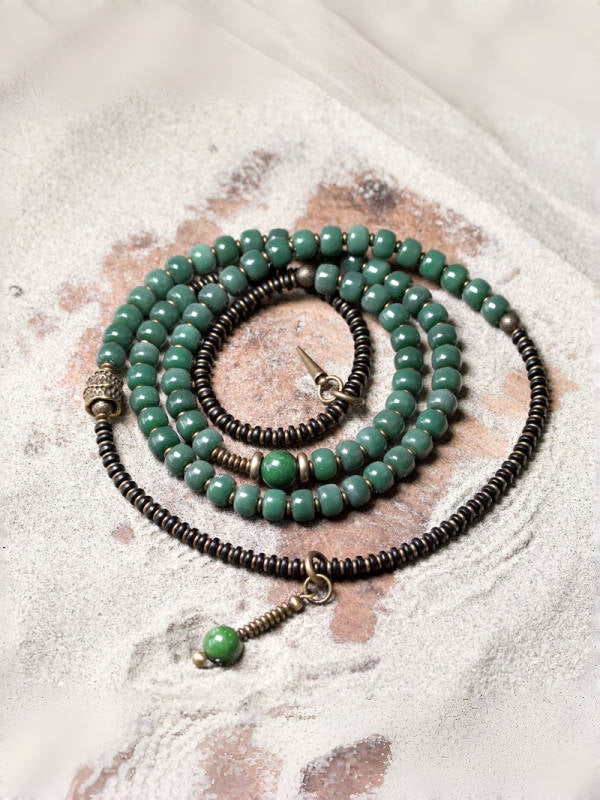 Five-Wrap Bracelet with Bodhi Root, Brass & African Grass Jade – Unisex Stretch Design