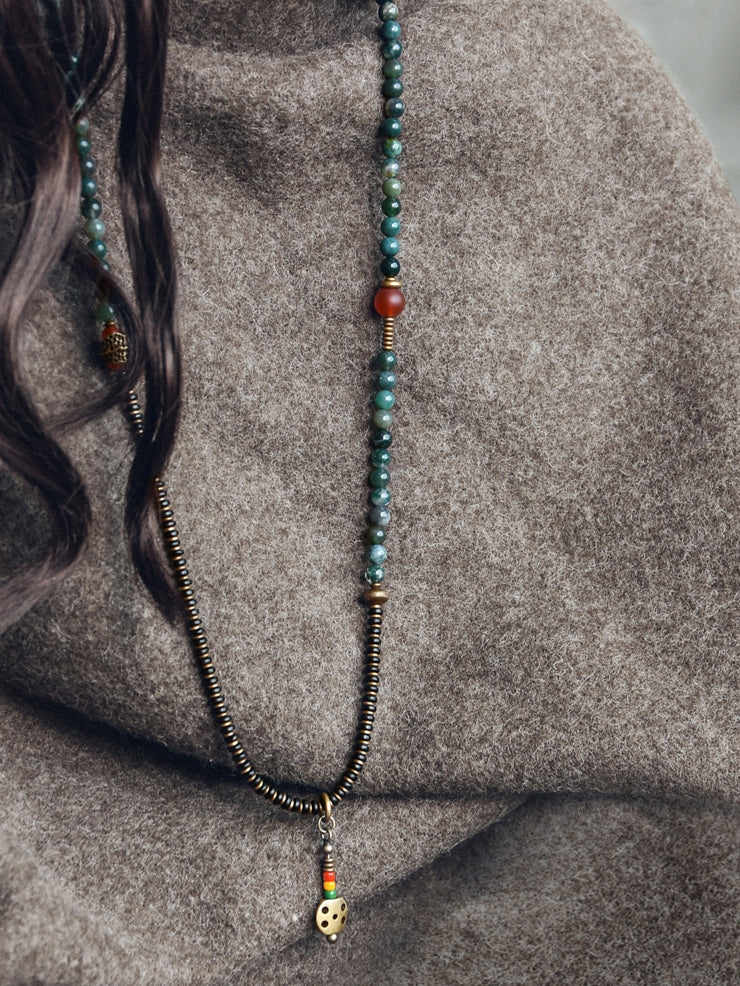 Necklace – Heart of the Forest Moss Agate & Brass Mala Beads