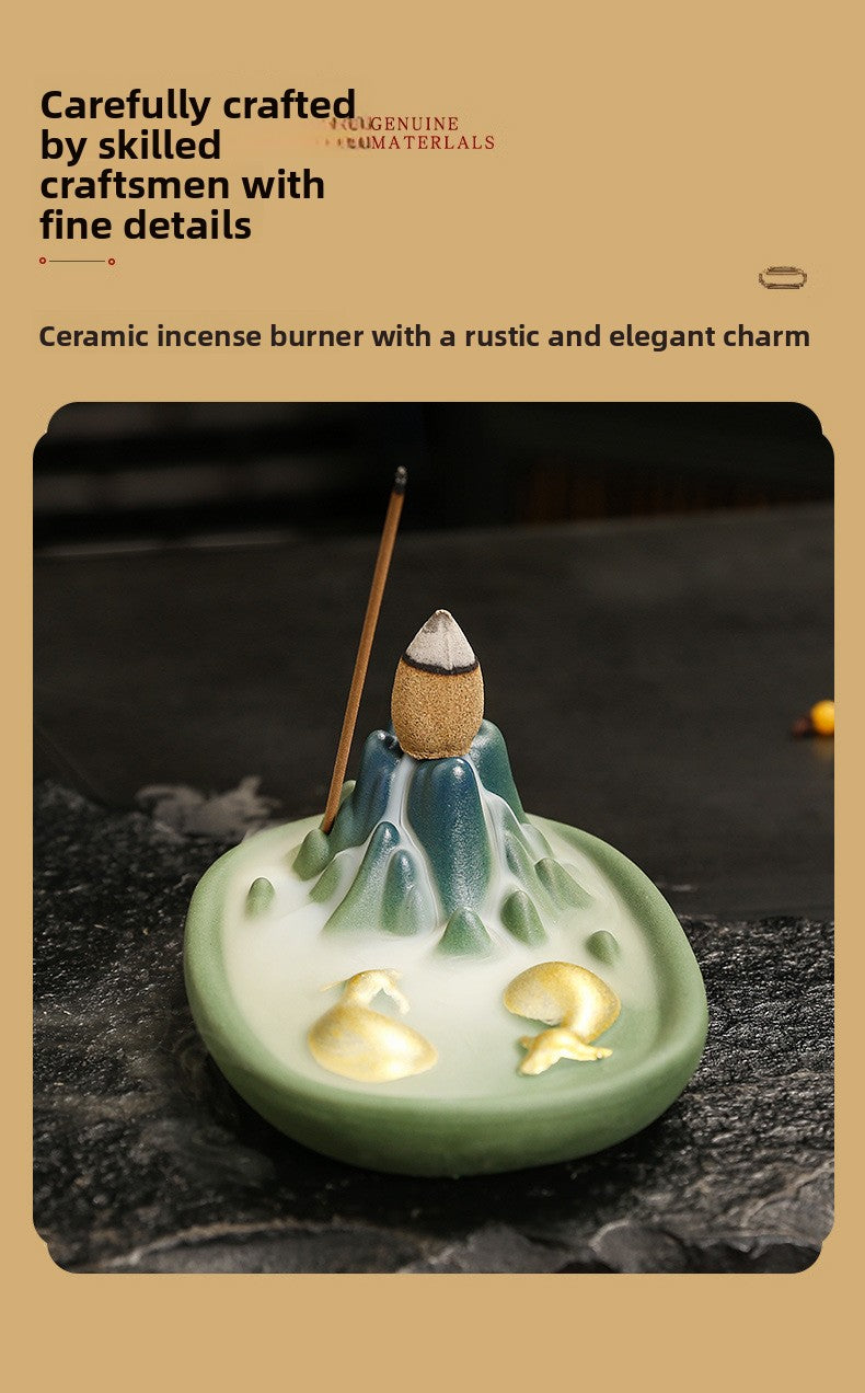 Zensoullab Qianli Jiangshan Line Incense Burner Ceramic Multi-Functional Dual-Purpose Ceramic Incense Burner Double Cow Backflow Smoke Incense Burner Ceramic Incense
